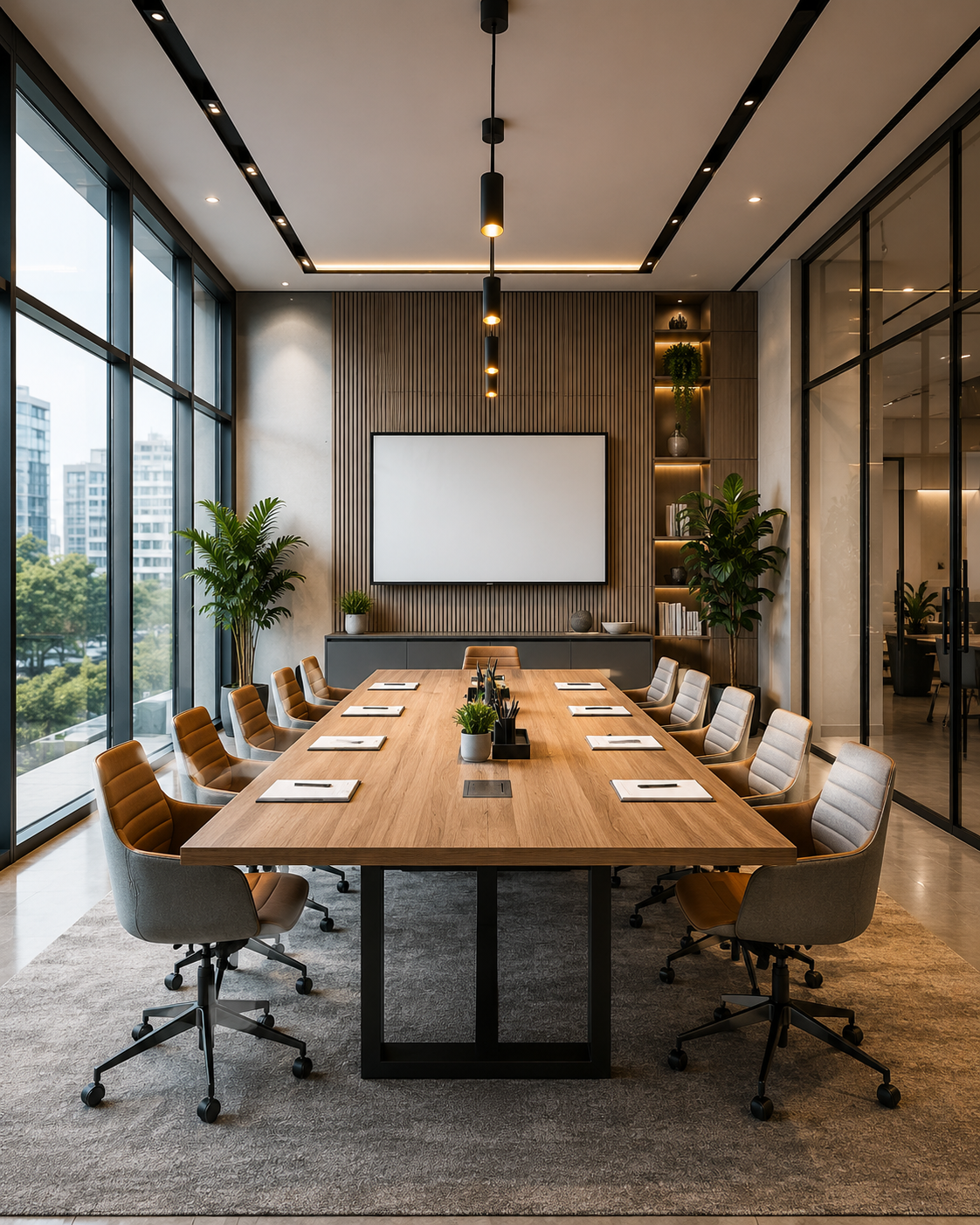 Modern office meeting room with wooden conference table and large display screen